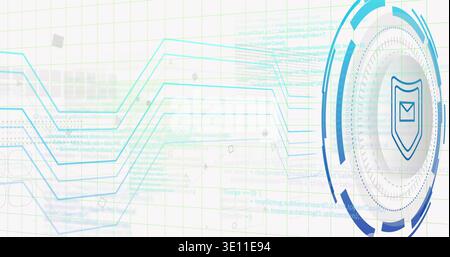 Displaying circular HUD on right over pale grid, showing shield envelope emblem, copy space Stock Photo