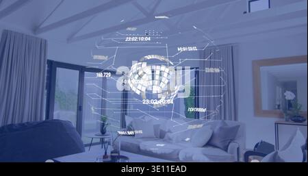 Floating holographic globe displaying data above sectional sofa in home lounge, with coffee bottles Stock Photo