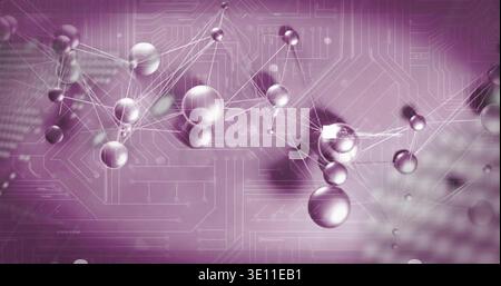Displaying reflective sphere cluster linking via thin luminous lines in studio with circuit traces Stock Photo