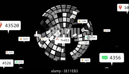 Displaying central circular mosaic on black backdrop, showing floating numeric callouts with icons Stock Photo
