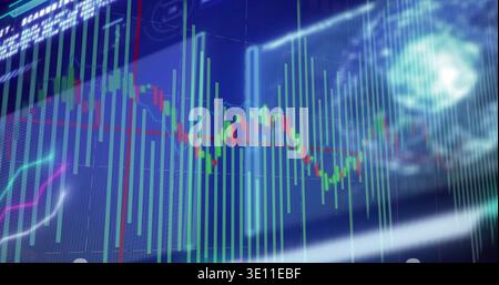 Displaying financial chart on trading desk monitor, showing candlestick bars and colored line graph Stock Photo