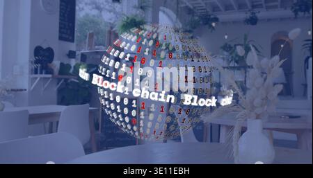 Floating digital sphere rotating above central cafe table, showing binary code and Blockchain text Stock Photo
