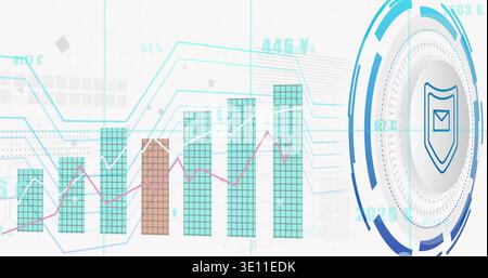 Displaying central grid bars with brown column in UI, showing magenta line and blue HUD shield Stock Photo