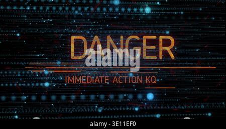 Displaying centered large orange DANGER IMMEDIATE ACTION KQ text on system alert, showing scanlines Stock Photo