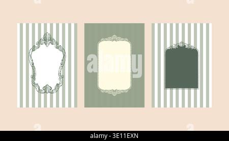 Vintage green set of postcard templates with Baroque and Rococo frames and space for text. Classic frames with hand-drawn swirls. Whimsical Victorian-style striped posters for wedding invitations and cards. Vector outline illustration. Stock Vector
