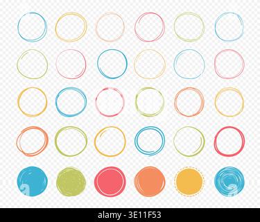 Set of colored hand drawn circles on transparent background, doodle style, vector eps10 illustration Stock Vector