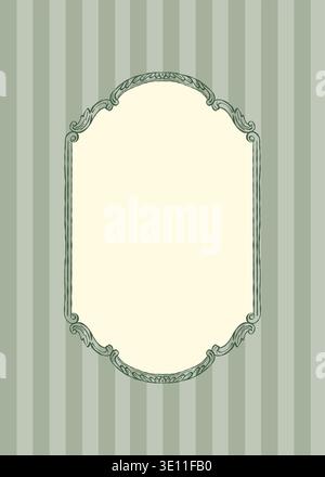 Vintage green set of postcard templates with Baroque and Rococo frames and space for text. Classic frames with hand-drawn swirls. Whimsical Victorian-style striped posters for wedding invitations and cards. Vector outline illustration. Stock Vector