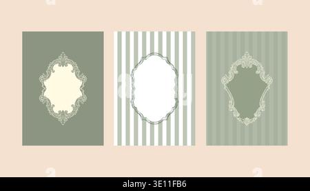 Vintage green set of postcard templates with Baroque and Rococo frames and space for text. Classic frames with hand-drawn swirls. Whimsical Victorian-style striped posters for wedding invitations and cards. Vector outline illustration. Stock Vector