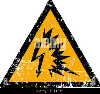 Vector illustration of an arc flash hazard sign with a grunge texture. Worn scratched yellow triangle symbol showing an electrical arc striking a person isolated on white background. Meets international safety sign standards including ISO 7010 W042 ANSI Z535 OSHA and DIN 4844. Distressed industrial danger emblem for occupational health and electrical safety Stock Vector