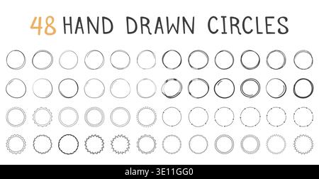 48 Hand drawn circles, round shapes and objects, doodle style, vector eps10 illustration Stock Vector