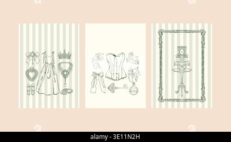 A set of postcard templates featuring vintage womens wedding accessories. A collection of invitations and posters in the Rococo and Baroque styles. Historical womens costume and interior. Vector outline illustration in green. Stock Vector