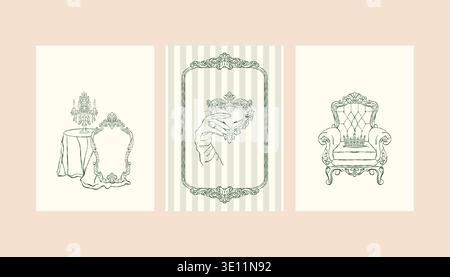 A set of postcard templates featuring vintage holiday illustrations of Victorian interiors. A collection of wedding invitations in the Rococo and Baroque styles. Antique classic furniture. Hand-drawn vector outline illustration in green. Stock Vector