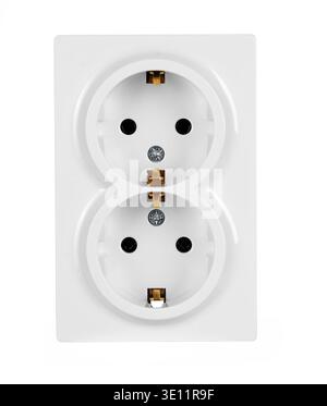 Double European electrical wall socket isolated on white background, household power outlet close up Stock Photo