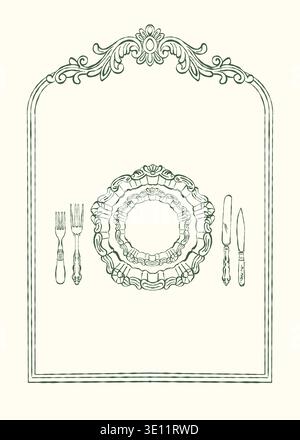 A vintage postcard, menu, or invitation template featuring vintage cutlery and a Victorian-style frame. A wedding poster with space for text in the Rococo and Baroque styles. Vector outline illustration in green. Stock Vector