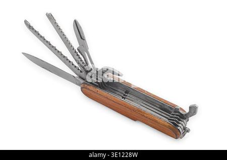Multi tool pocket knife with multiple instruments opened and isolated on white background. Concept of preparedness, readiness, survival gear and being Stock Photo
