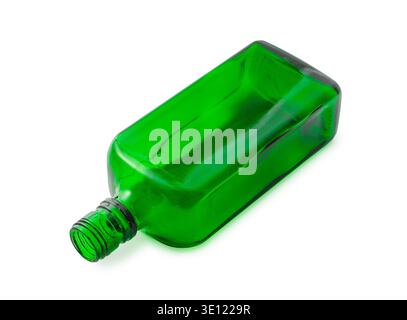 Empty transparent glass dark green bottle with narrow neck in rectangular shape on white background. Minimalist container often used for drinks, liqui Stock Photo