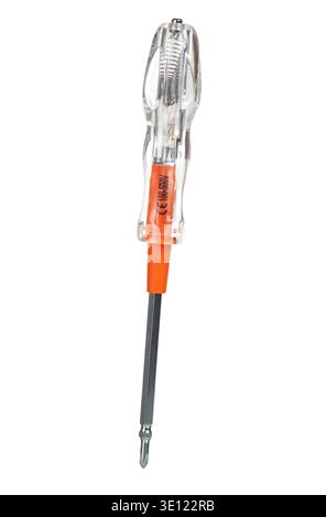 Voltage tester screwdriver with clear handle and orange insulation, isolated on white background. Stock Photo