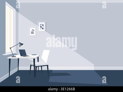 A modern and minimalist flat vector illustration of a productive home office in a cool teal and grey color palette. The scene includes a laptop, desk Stock Vector