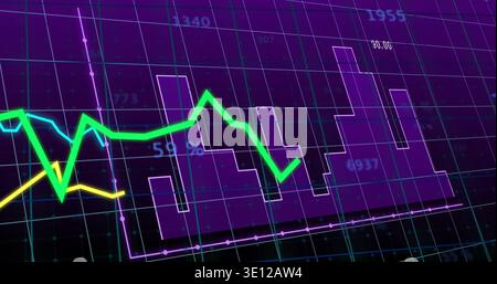 Displaying financial chart on glowing dashboard, showing neon lines, histogram, percent ticks Stock Photo