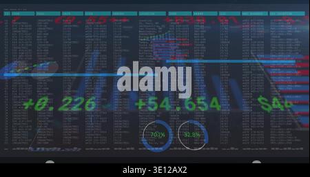 Displaying dashboard with monospaced tables and map markers in data center, showing green KPIs Stock Photo