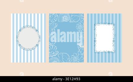 A set of whimsical blue card templates featuring hand-drawn seashells and frames. Invitations and posters with nautical stripes. Templates for wedding invitations, greeting cards, or holiday designs in a coastal style. Vector outline illustration. Stock Vector
