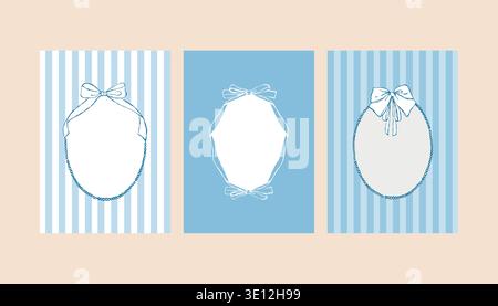 A set of whimsical blue postcard templates with hand-drawn frames. Invitations and posters feature vintage ribbons, bows, pearls, and stripes. Templates for wedding invitations, greeting cards, or holiday designs in a coastal style. Vector outline illustration. Stock Vector
