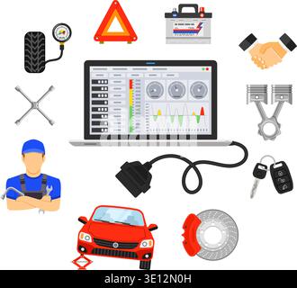 Car Services Concept for Booklet, Web Site, Advertising with Flat Icons like laptop, handshake, battery, car jack and mechanic. vector illustration Stock Vector