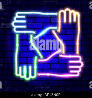 Neon signboard joined hands together. teamwork, collaboration or friendship. Bright night signboard on brick wall sign. Vector illustration realistic Stock Vector