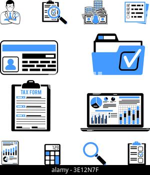 Auditing, tax, accounting horizontal banner with two color flat icons auditor, magnifying glass, financial report with charts, calculator and laptop. Stock Vector