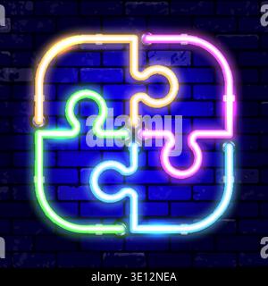 Neon signboard puzzle jigsaw. concept teamwork, collaboration. Bright night signboard on brick wall sign. Vector illustration realistic neon icon Stock Vector