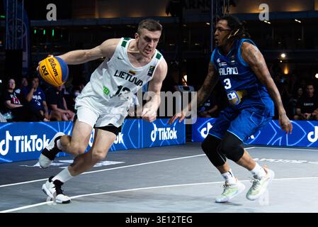 Bangkok, Thailand. 14th Mar, 2026. Marijus Uzupis #13 of Lithuania and Frederick Lish #3 of Thailand seen in action during the men's FIBA Basketball 3x3 Champions Cup 2026 match between Lithuania and Thailand at Central World. Final score Lithuania 15 : 21 Thailand. Credit: SOPA Images Limited/Ģ����ý Live News Stock Photo
