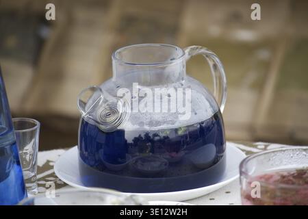 The clear glass teapot holds a vibrant blue a herbal infusion, reflecting the surrounding environment. The teapot is placed on a white plate Stock Photo