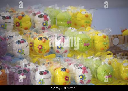 A close-up of colorful, wrapped cartoon-shaped candies, perfect for a delightful springtime treat or Easter celebration Stock Photo