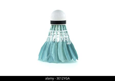 Close-up studio shot of a single, vibrant blue and white badminton shuttlecock, isolated on a clean white background with soft shadows Stock Photo