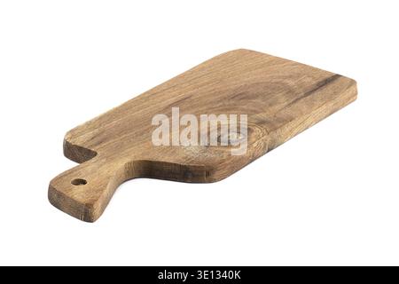 Rectangle wooden cutting board with handle isolated on a white background. Ideal for kitchen or rustic decor Stock Photo