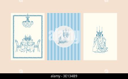 A set of vintage postcard templates featuring a romantic dinner. Candles, bows, a chandelier, shells, and nautical-themed decor. Line art vector illustrations for weddings, holidays, and coastal-themed parties. Stock Vector