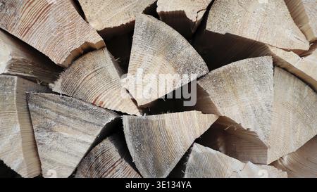 Chopped and stacked up dry firewood at the countryside. Stock pile of timber, chopped down trees Stock Photo