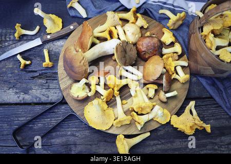 Mix of forest mushrooms on cutting board over old wooden table Stock Photo