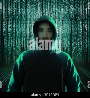 Cybercriminal in hood against different digital codes Stock Photo