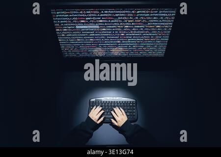 Cyber security threat. Young woman using computer and coding. Internet and network security. Stealing private information. Person using technology to Stock Photo