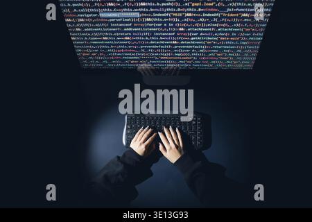 Cyber security threat. Young woman using computer and coding. Internet and network security. Stealing private information. Person using technology to Stock Photo