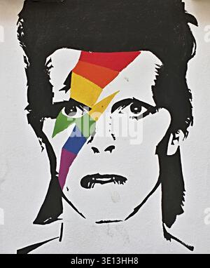 David Bowie's Aladdin Sane lightning bolt depicted with rainbow colors in pop art style Stock Photo
