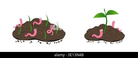 Small plant growing in the ground and Earthworm. Worm and young green plant. Vector illustration in flat style, isolated on a white background. Stock Vector