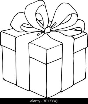Charming hand drawn sketch of a classic rectangular gift box, meticulously tied with a large, elaborate ribbon bow. The clean, black ink outline on a Stock Vector