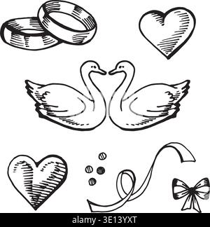 Hand drawn set of wedding icons featuring swans, rings, hearts, and a ribbon. This vintage ink sketch collection in engraving style is perfect for Stock Vector
