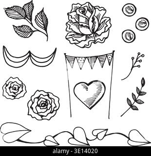 Hand drawn set of floral and decorative wedding elements including roses, leaves, bunting, and hearts. This vintage ink sketch collection is perfect Stock Vector