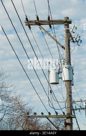 Utility poles stand tall with wires running between them in a suburban setting. Two transformers are attached to the poles. The sky is filled with clo Stock Photo