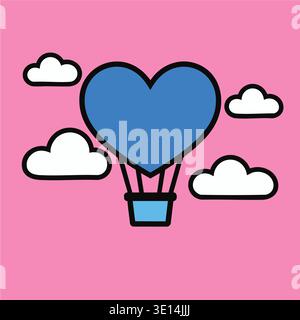 Blue heart hot air balloon romantic Valentine illustration with clouds Stock Vector