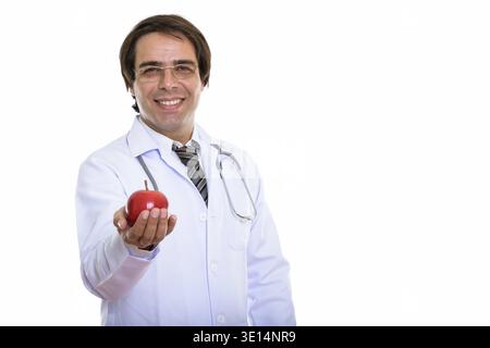 Happy Persian man smiling and giving peace sign with both hands while ...