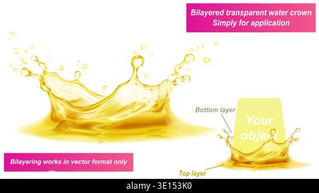 Transparent water crown in golden colors with splashes and drops. It consists of two layers - front and back. You can insert any object between them, Stock Vector